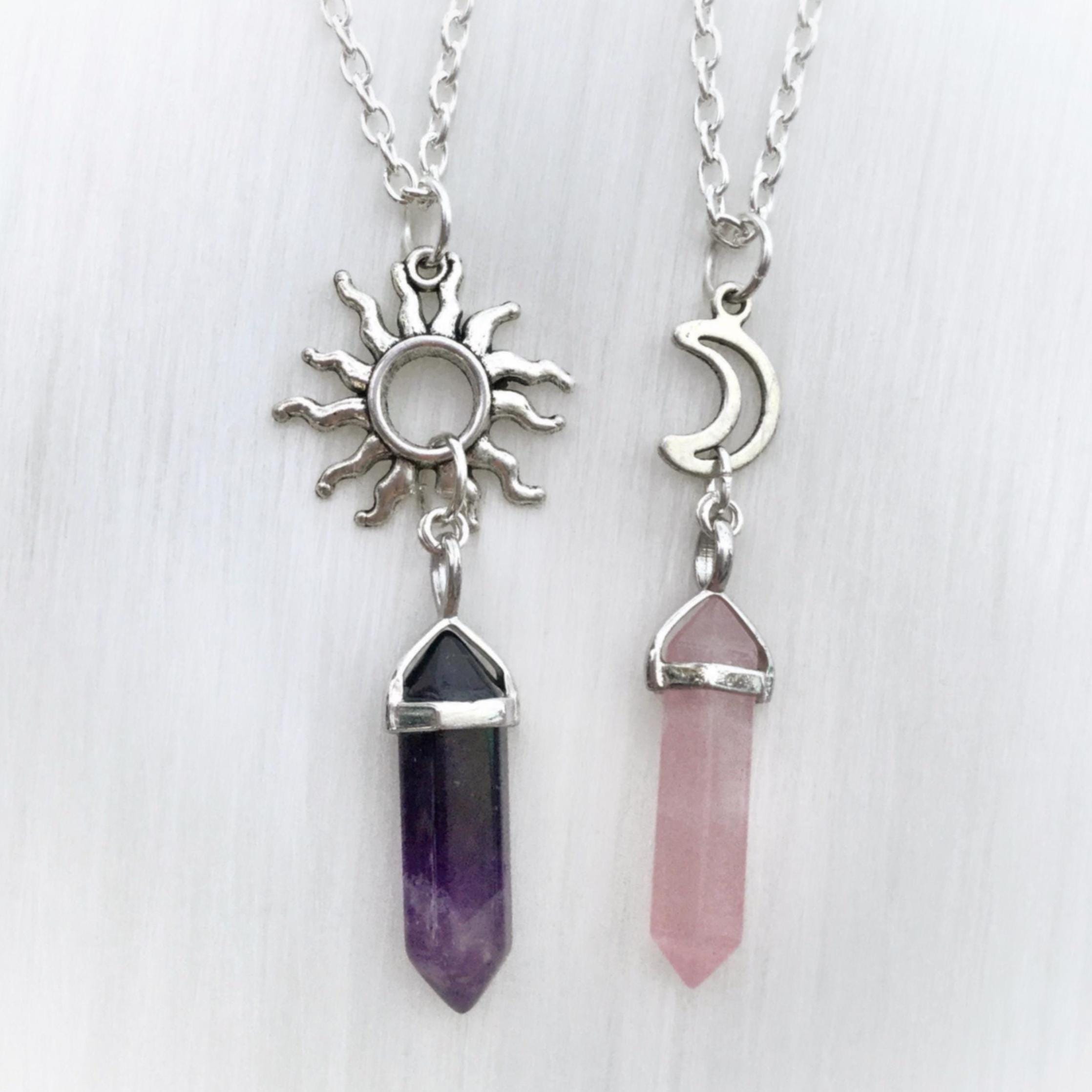 Sun and Moon Crystal Point Necklace Set, Silver Friendship Gemstones