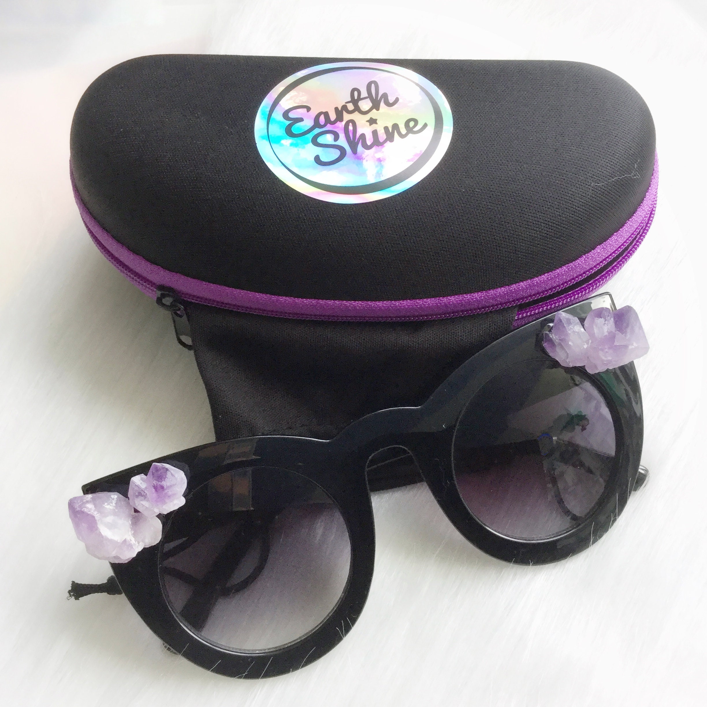 Crystal Sunglasses, Cat Eye with Purple Amethyst Gemstone embellishments, includes zipper case