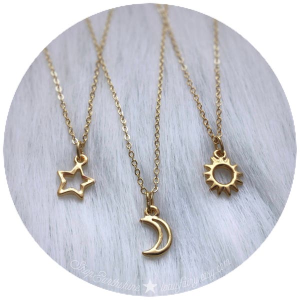 Dainty Gold Sun, Moon or Star necklaces, friendship, best friends, set of one, two or three single charm necklaces