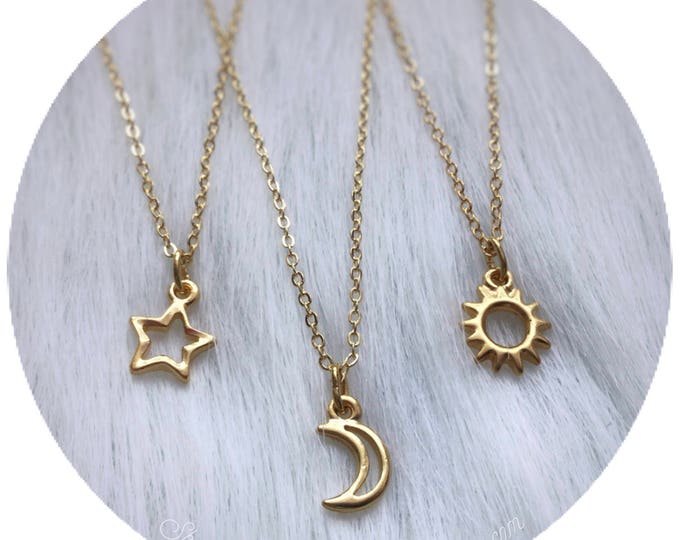 Dainty Gold Sun, Moon or Star necklaces, friendship, best friends, set of one, two or three single charm necklaces