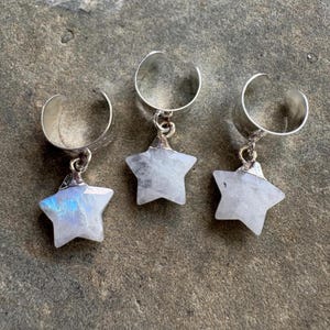 Silver Ear Cuff, clip on earring, Star shaped Rainbow Moonstone