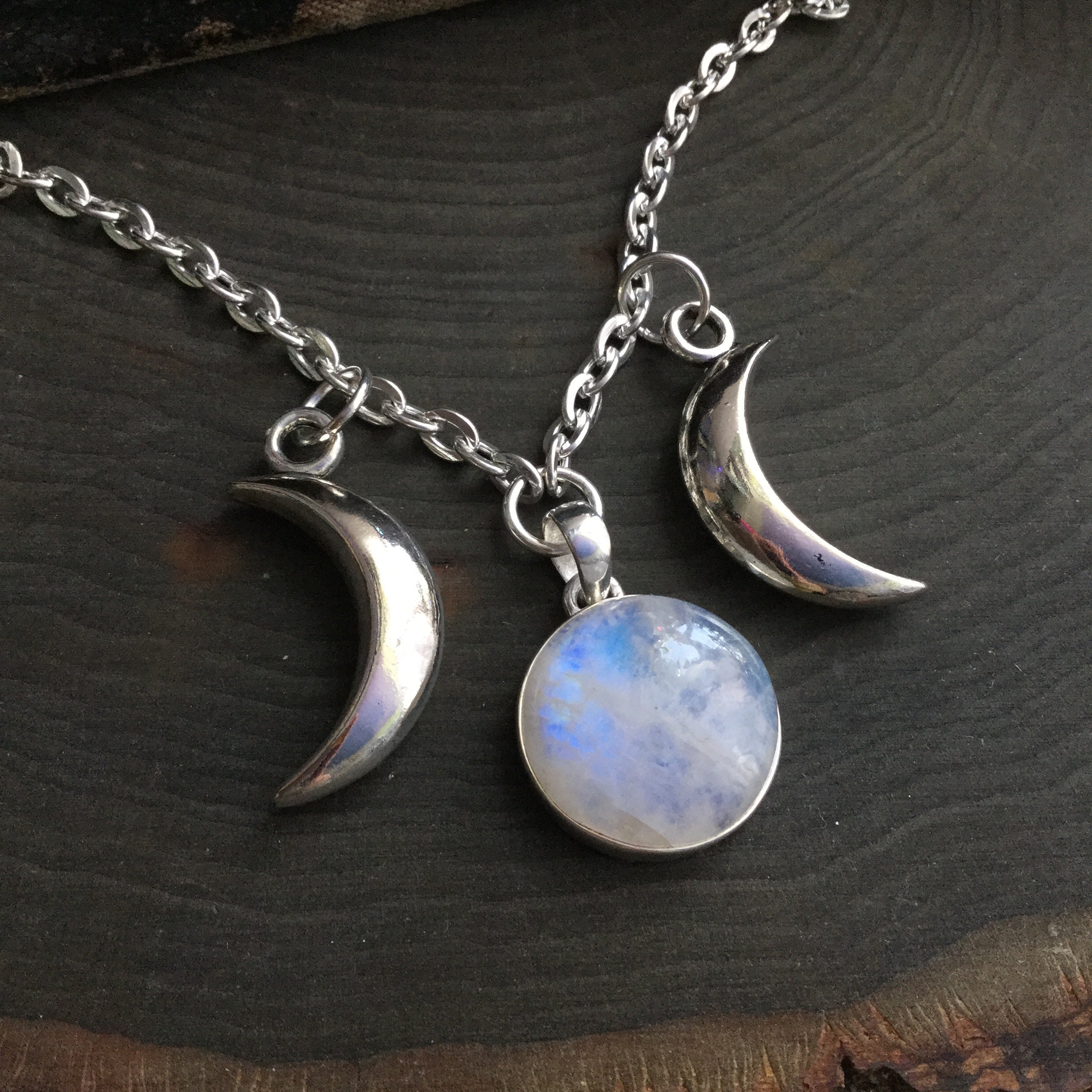 Large Rainbow Moonstone Triple Goddess Moon necklace, Rainbow Moonstone