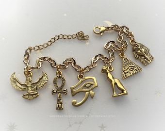 Egyptian Charm Bracelet, Eye of Ra, Winged Goddess Pyramid, Bastet