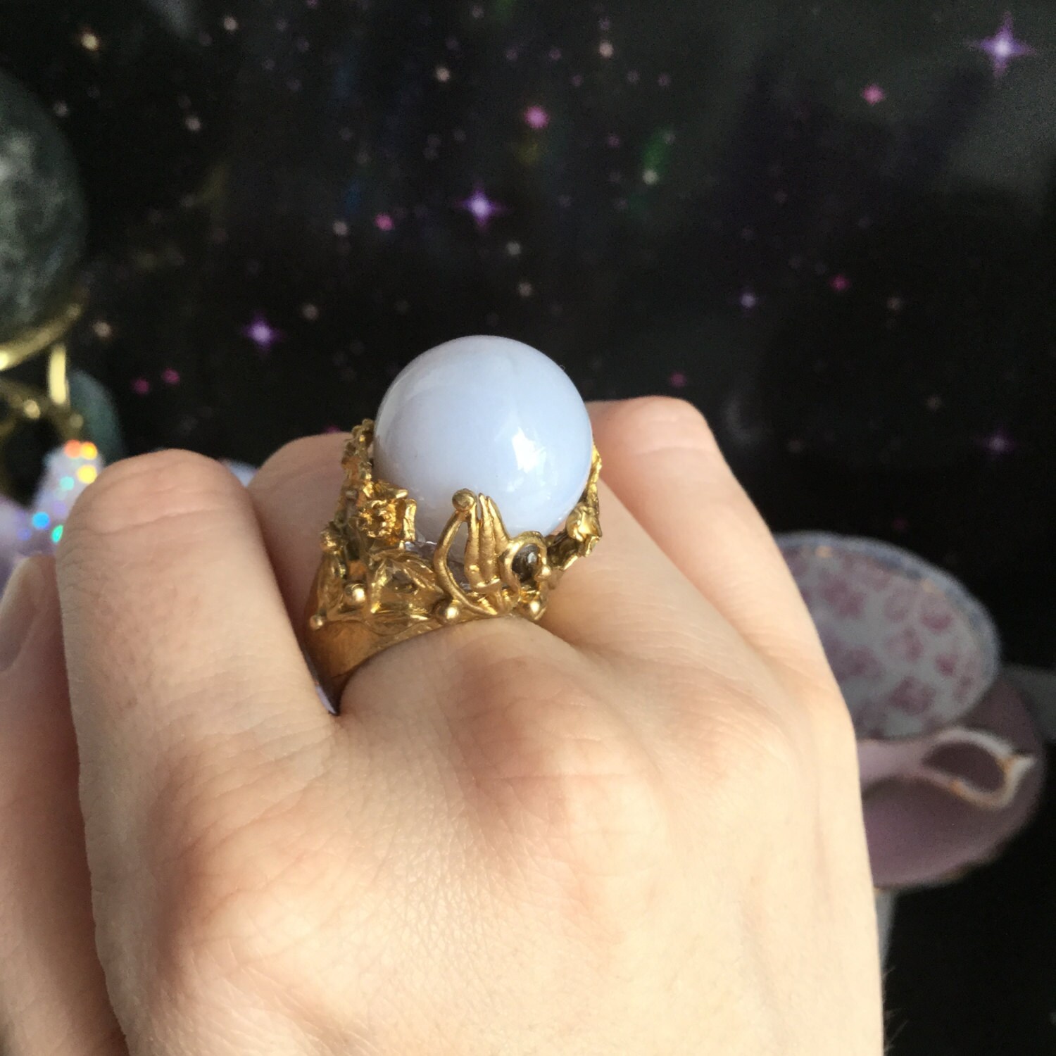 Crystal Ball ring Blue Chalcedony Blue Lace Agate