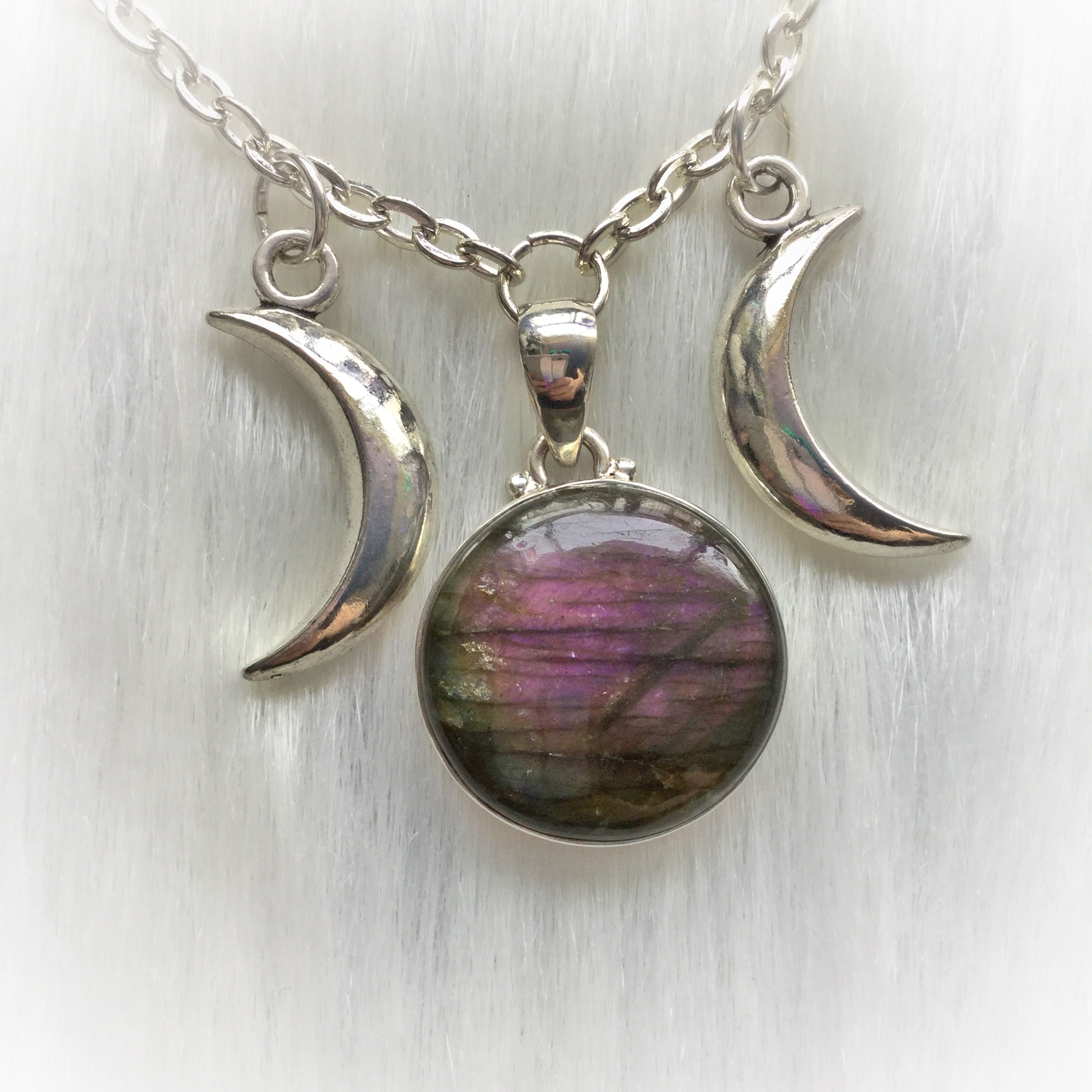 Purple Labradorite Triple Goddess necklace, Moon phases, wiccan jewelry