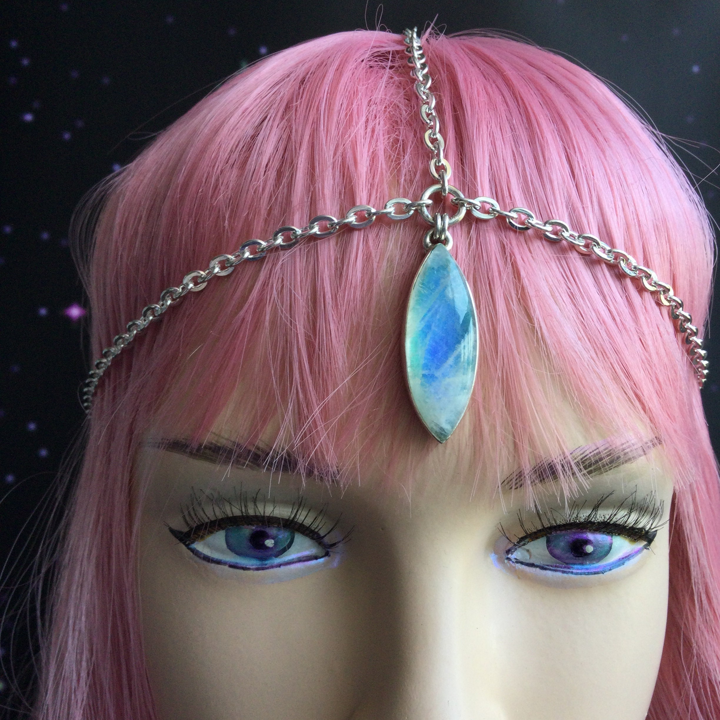 Head Chain Circlet, Green Rainbow Moonstone, Lemurian Priestess, Boho wedding festival accessories, Hair jewelry