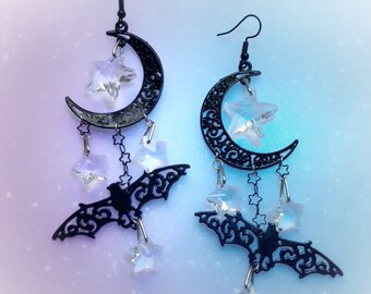 Black Moon and Bat Earrings, clear star crystals, long witchy earrings, large crescent moons