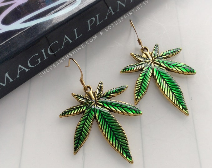 Cannabis Leaf Earrings, Ouid, pot leaf, Gold and Green, weed jewelry. sold per pair (leave qty as 1)