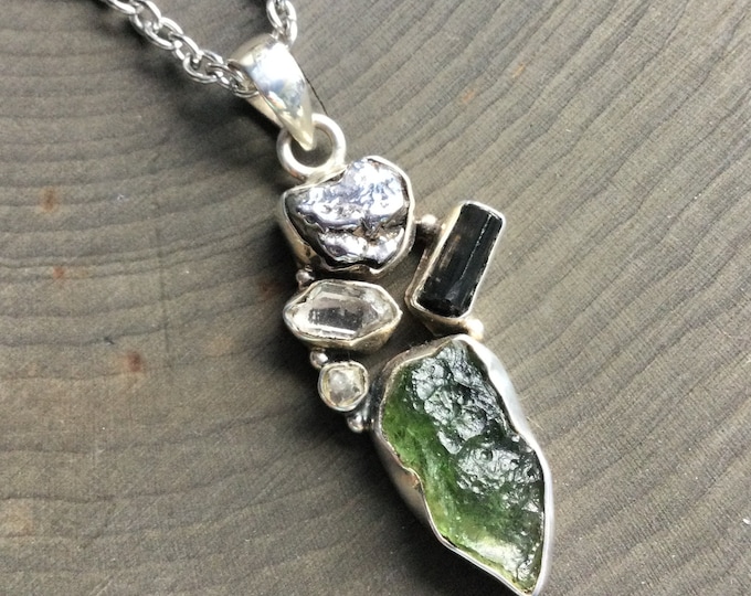 Moldavite Necklace, Sterling silver Meteorite pendant with Black Tourmaline Herkimer diamond quartz, Campo del Cielo stainless steel chain