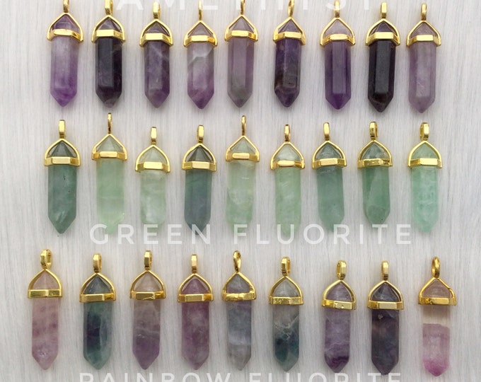 Gold Crystal Necklace, Gemstone point pendant choker necklace, Opalite, Fluorite, Amethyst, Rose Quartz, Obsidian, Clear quartz