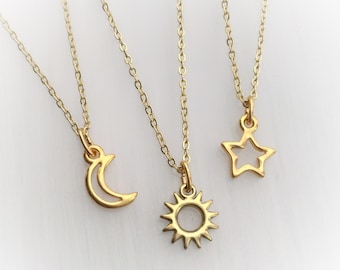 Dainty Gold Sun, Moon or Star necklaces, friendship, best friends, set of one, two or three single charm necklaces