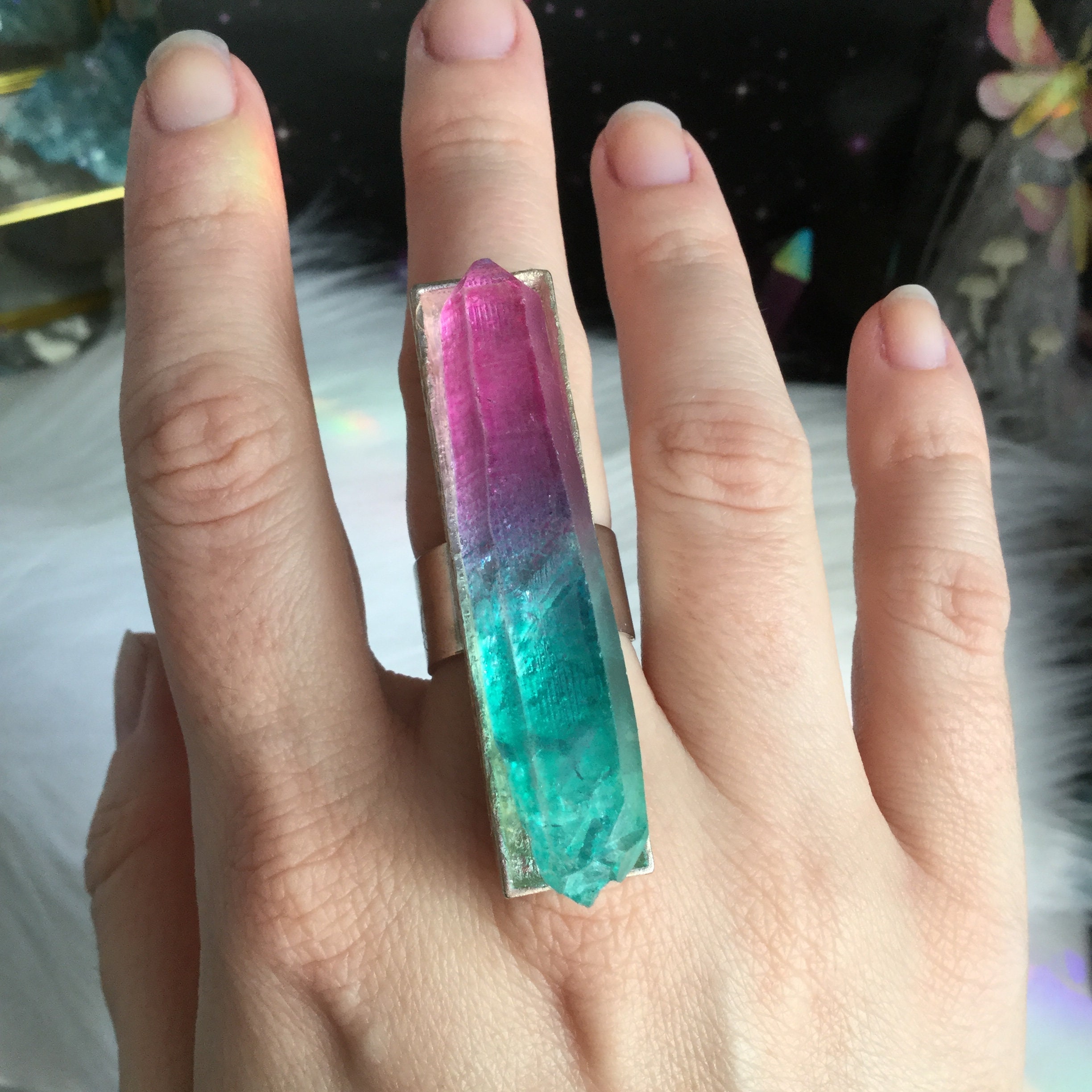 Large Crystal Ring, Colorful Quartz, Adjustable ring