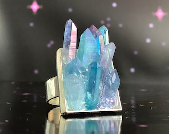 Crystal Cluster Statement ring, Silver Adjustable, Iridescent blue Aqua Aura, Tanzine Aura, Vera Cruz Amethyst Gemstone