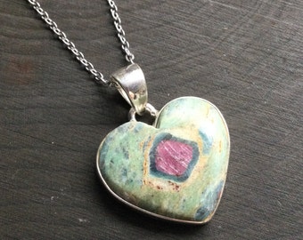 Ruby in Fuchsite Heart necklace, Sterling gemstone pendant with stainless steel chain