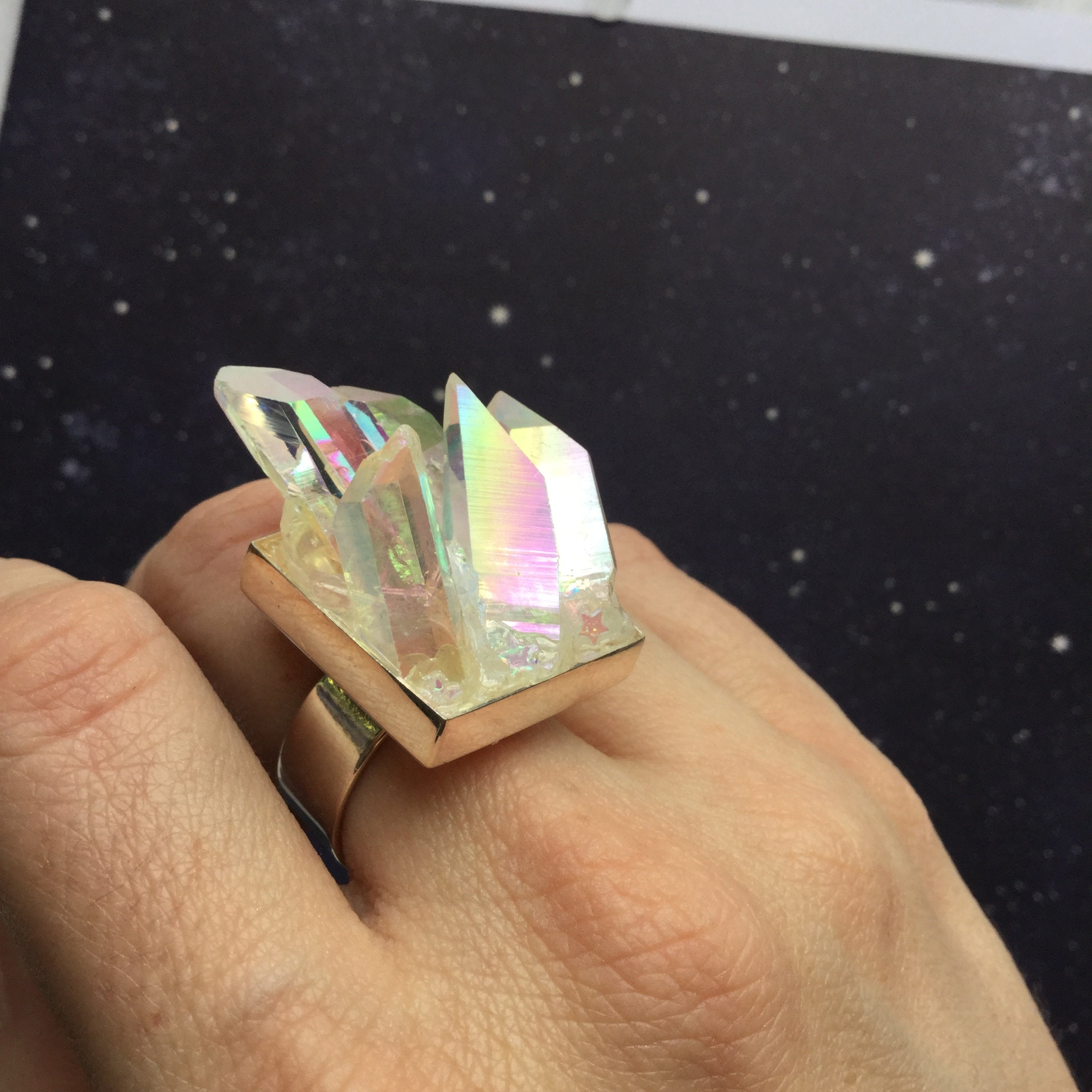 Large Angel Aura Crystal Ring, gemstone, crystal point, statement ring