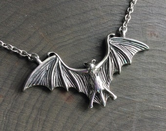 Bat necklace, small open wing flying bat, spooky goth Halloween, NEW smaller size