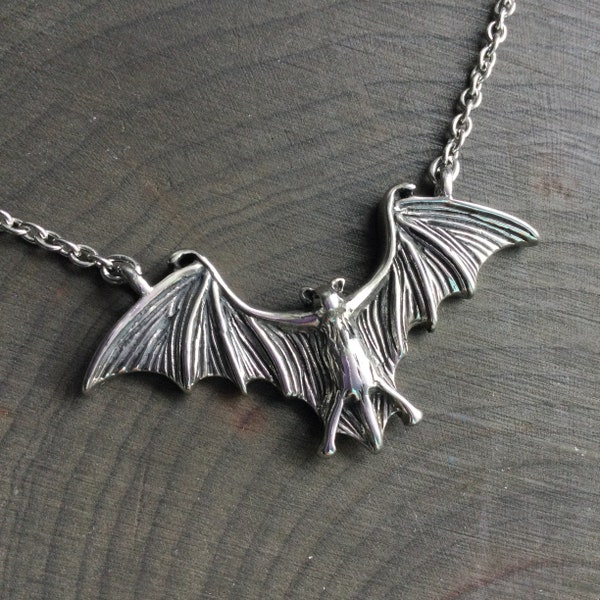 Bat necklace, small open wing flying bat, spooky goth Halloween, NEW smaller size