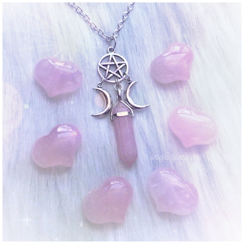 Triple Goddess Crystal point pentacle necklace, moon phases, wiccan jewelry, Amethyst, Opalite, Rose Quartz, Obsidian, you choose 