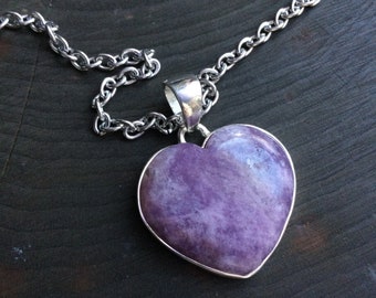 Lepidolite Heart necklace, Sterling gemstone pendant with stainless steel chain, Gift for Valentine, Chunky chain