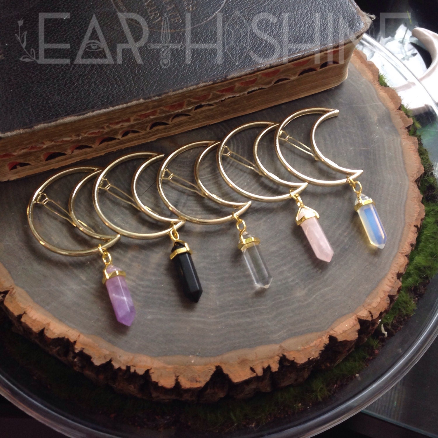 GOLD Moon Crystal hair clip, crescent hair barrette with gemstone