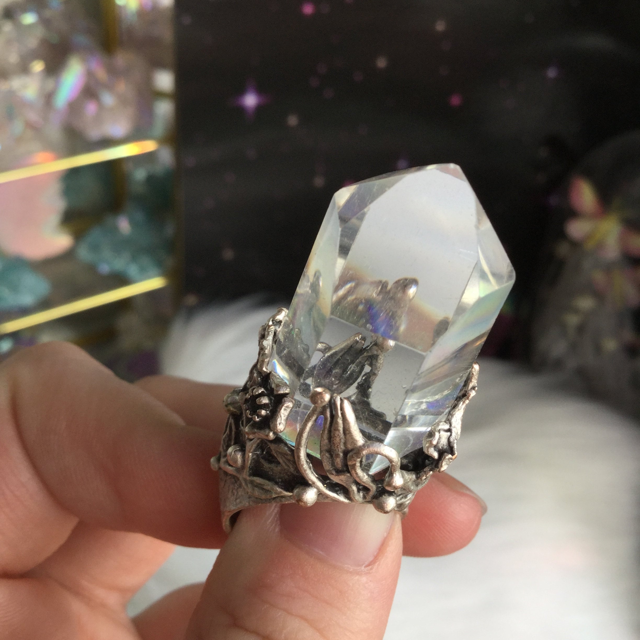Holographic Clear Quartz ring, adjustable ring