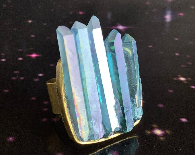 AQUA AURA Crystal Ring, Genuine Blue Aura Crystals, adjustable Gemstone statement ring