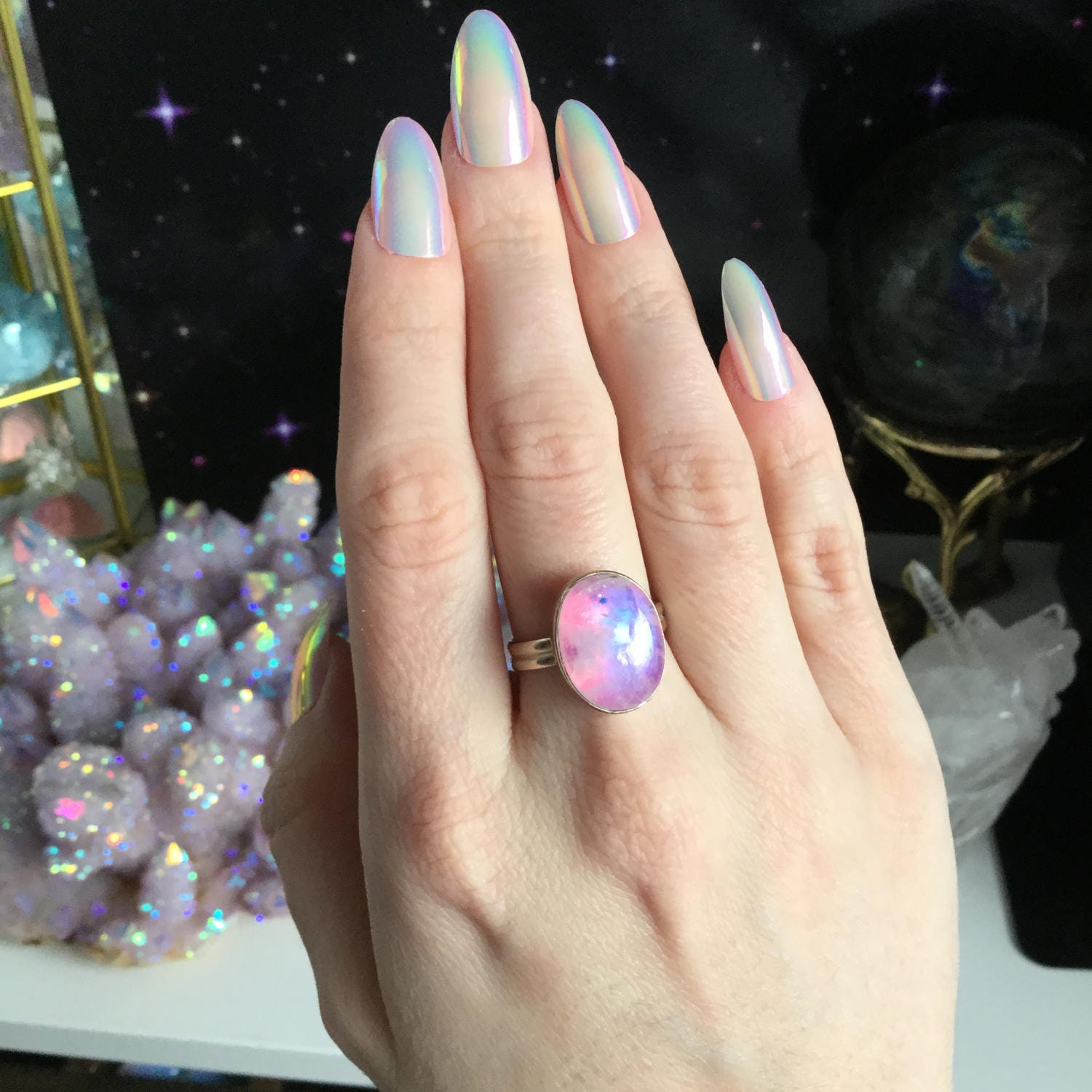 SALE Moonstone ring, Pink rainbow moonstone, size 5 crystal gemstone