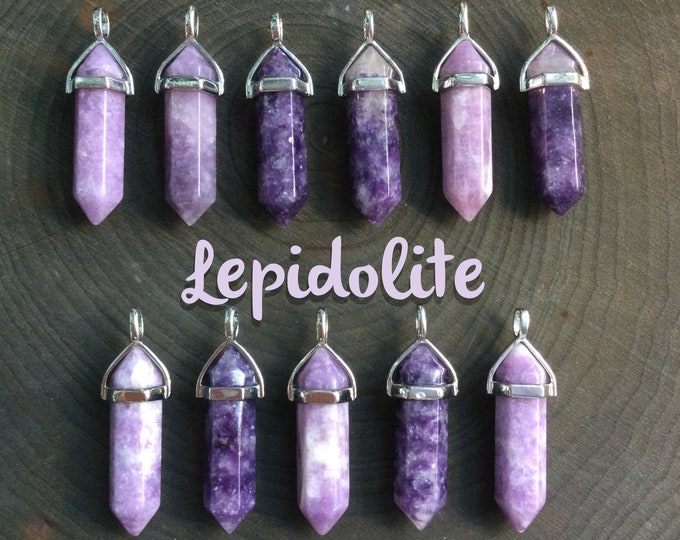 Lepidolite crystal necklace, lithium mica gemstone pendant