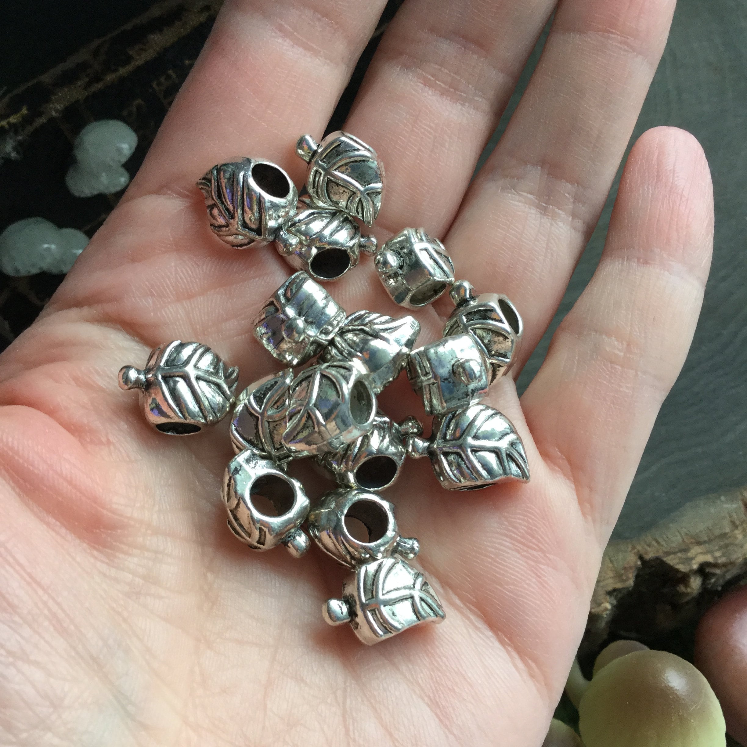 Leaf dread beads, silver hair bead set * FOR SMALL LOCS