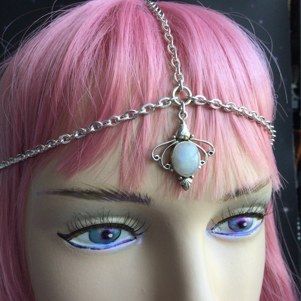 Rainbow Moonstone Head Chain Circlet, Wedding headchain, silver chain tiara