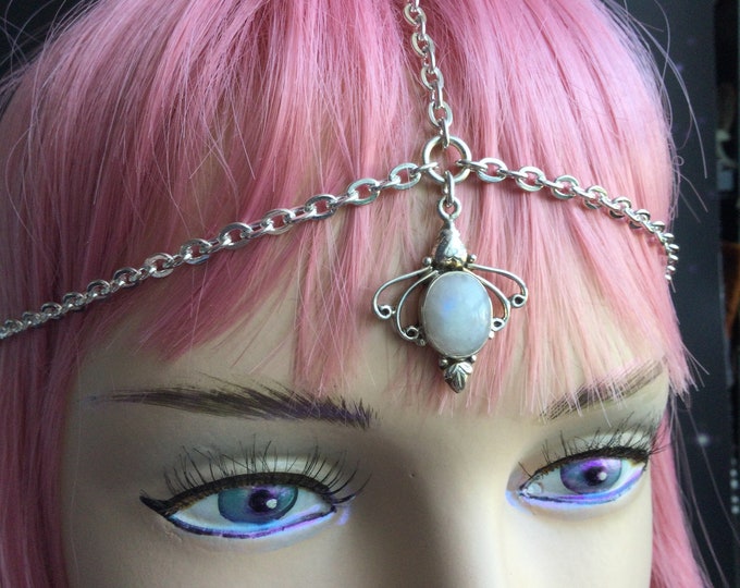 Rainbow Moonstone Head Chain Circlet, Wedding headchain, silver chain tiara