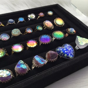 Vintage Glass Rings, Unique statement rings, Colorful adjustable, round stones, druzy gemstone cabochons