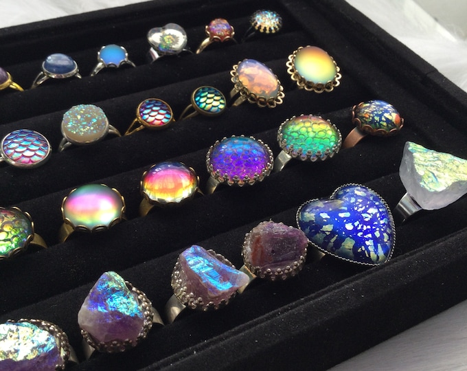 Colorful statement rings, adjustable boho gift idea, vintage glass, druzy gemstone cabochons