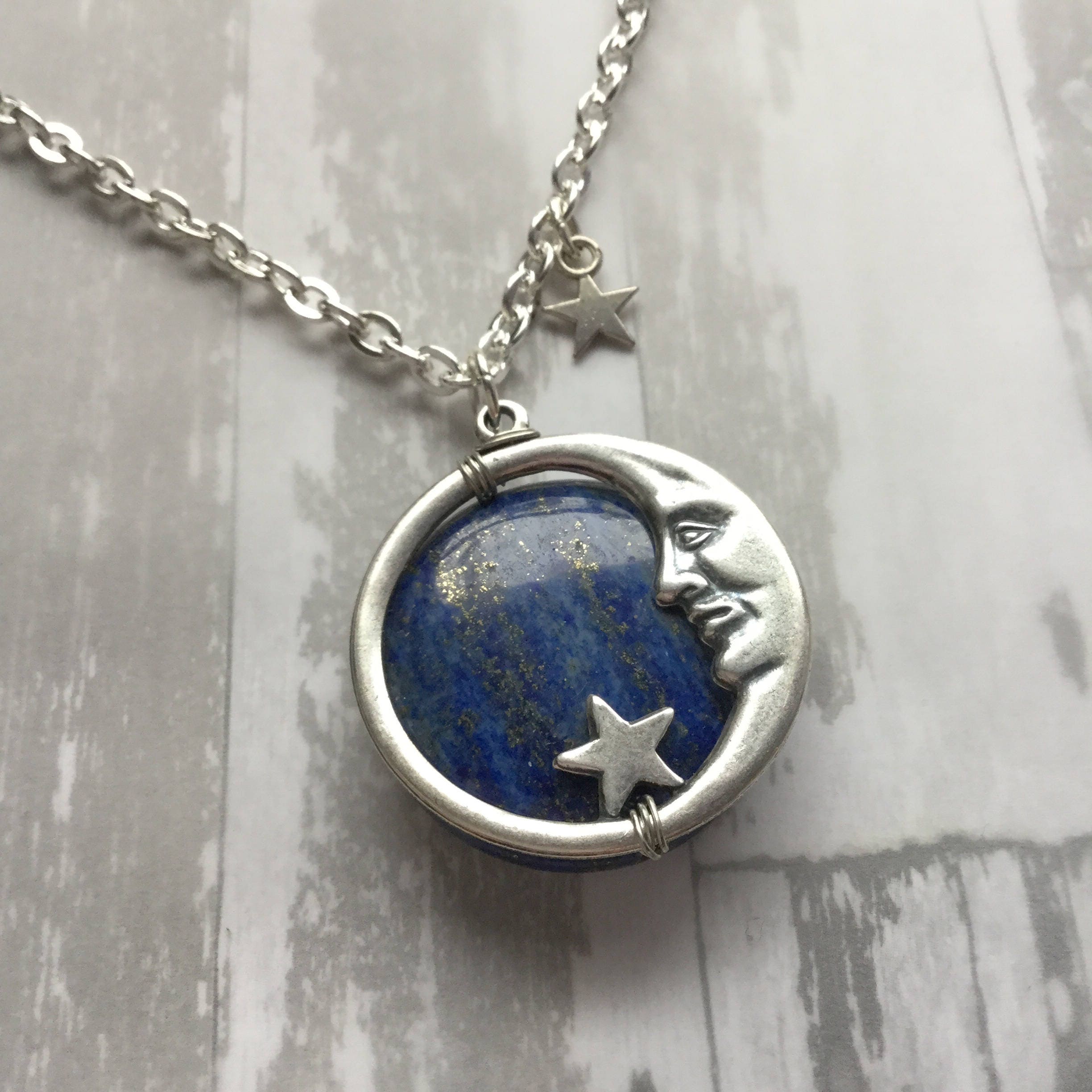Lapis Lazuli Moon Face Necklace, Made to order