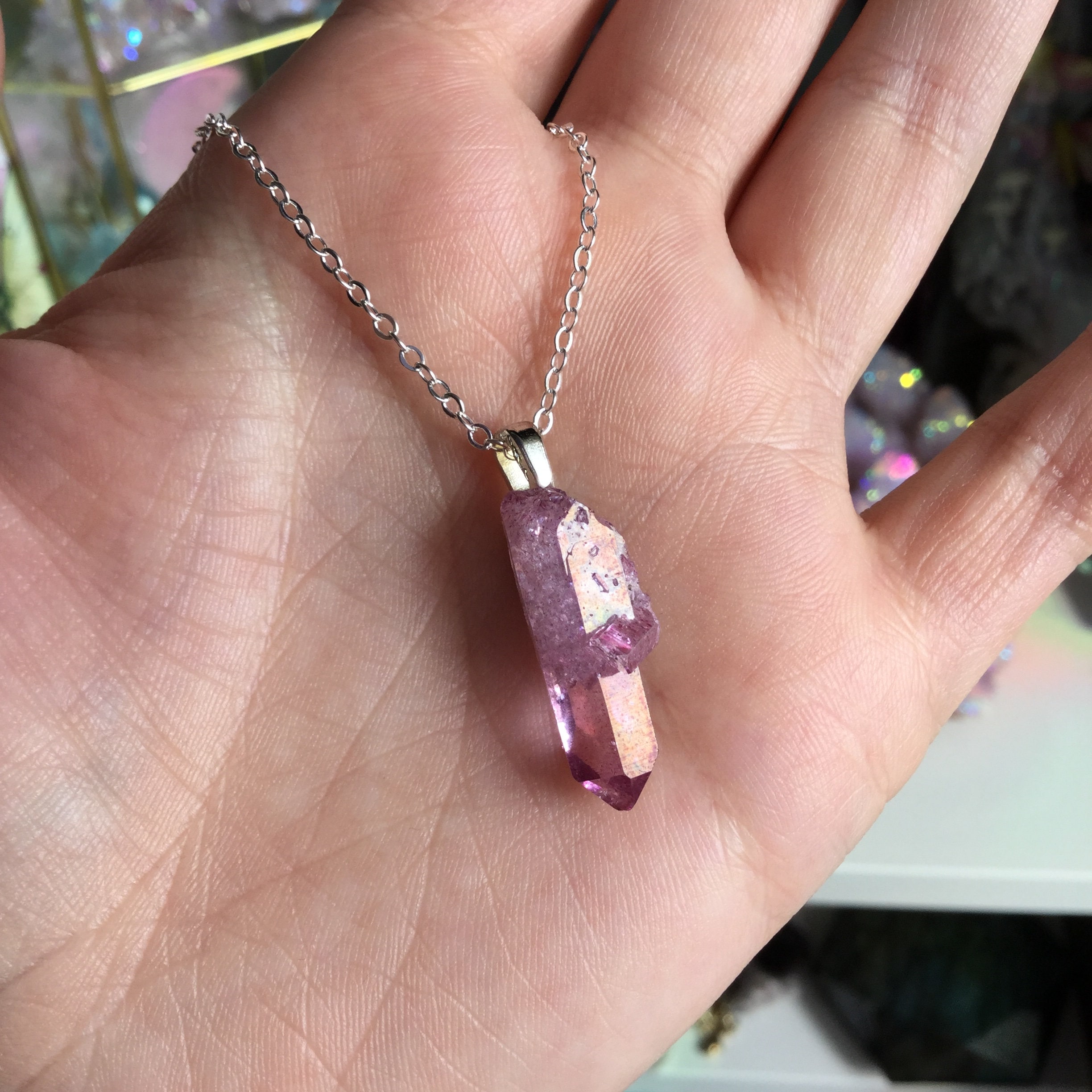 Rose Aura Crystal necklace, Raspberry Aura Quartz, Crystal point necklace