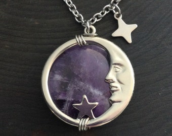 Amethyst Moon face necklace, Man in the Moon, moon and stars, celestial