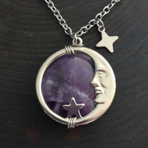 Amethyst Moon face necklace, Man in the Moon, moon and stars, celestial