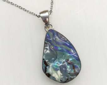 Boulder Opal teardrop pendant, sterling silver gemstone on stainless steel chain