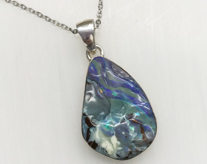 Boulder Opal teardrop pendant, sterling silver gemstone on stainless steel chain