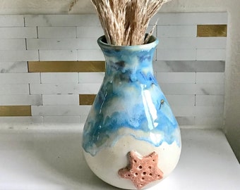 Wheel thrown and hand painted ceramic pottery stoneware bud vase with starfish, beach and ocean. Coastal beach house home decor