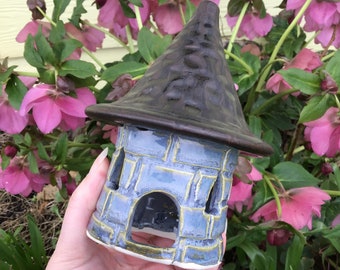 Wheel thrown and hand painted ceramic pottery stoneware cone incense holder burner. Castle turret renaissance fairy gnome house