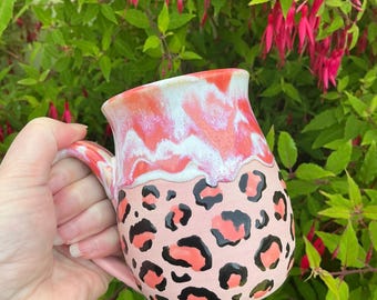 Hand Painted Ceramic pottery with pink leopard print design: Wheel Thrown Stoneware Tea Coffee Cup