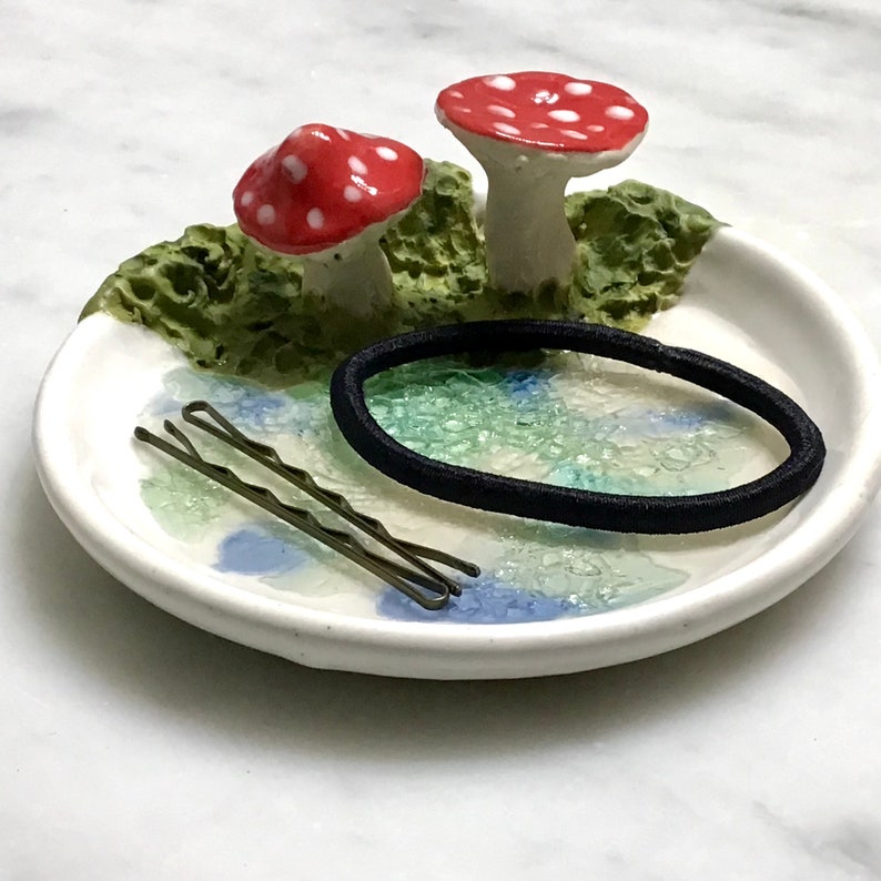 Wheel thrown, hand sculpted and hand painted ceramic pottery stoneware ring trinket dish bowl with mushrooms, moss and crackle glass image 6