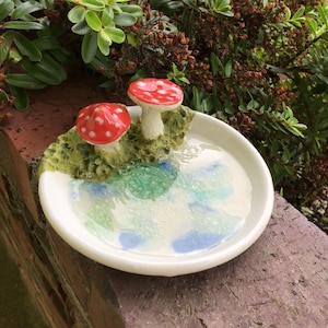 Wheel thrown, hand sculpted and hand painted ceramic pottery stoneware ring trinket dish bowl with mushrooms, moss and crackle glass image 1