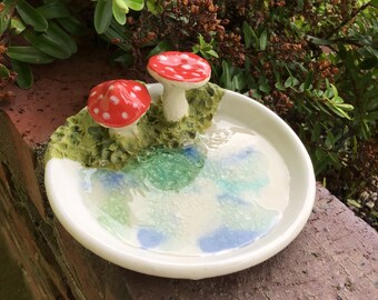 Wheel thrown, hand sculpted and hand painted ceramic pottery stoneware ring trinket dish bowl with mushrooms, moss and crackle glass