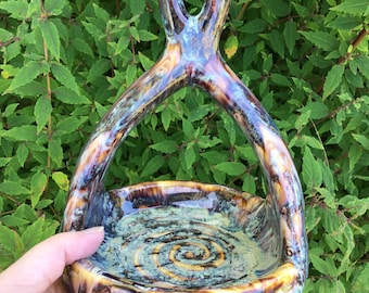 Slip cast and hand painted ceramic stoneware pottery bird feeder. Amazing unique drippy glaze in earth tone colors. Great gift!