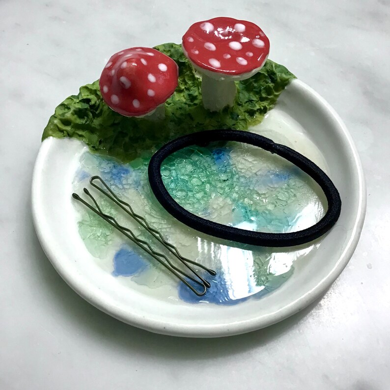 Wheel thrown, hand sculpted and hand painted ceramic pottery stoneware ring trinket dish bowl with mushrooms, moss and crackle glass image 2