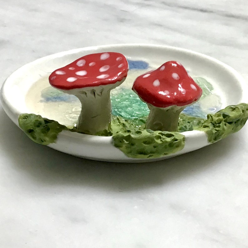 Wheel thrown, hand sculpted and hand painted ceramic pottery stoneware ring trinket dish bowl with mushrooms, moss and crackle glass image 3