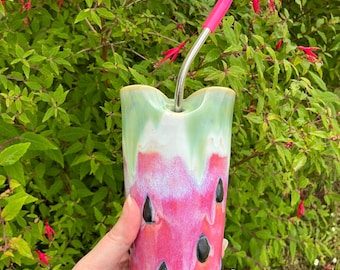 Wheel thrown and hand painted ceramic pottery stoneware drinking cup tumbler with straw. Cute pink watermelon with drippy glaze 12 oz