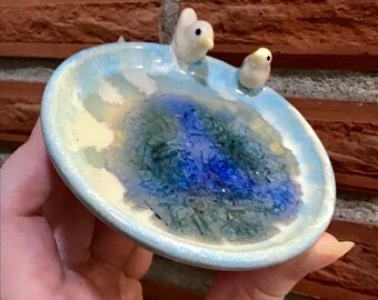 Wheel thrown and hand painted ceramic pottery small bowl with two birds and crackle glass. Bird bath ring jewelry dish